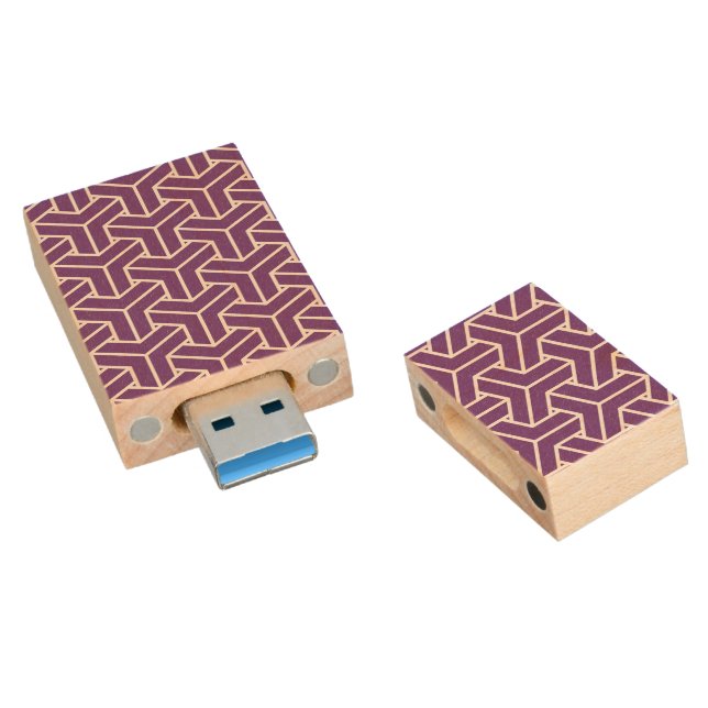Oriental Purple White Ayame Japan Bishamon Pattern Wood Flash Drive (Angled)