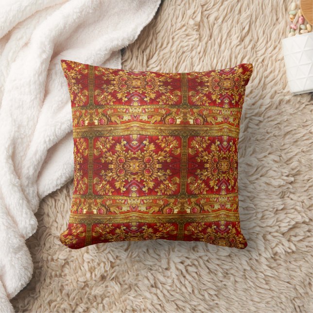 Oriental Red and Gold Wood Carving Throw Pillow (Blanket)