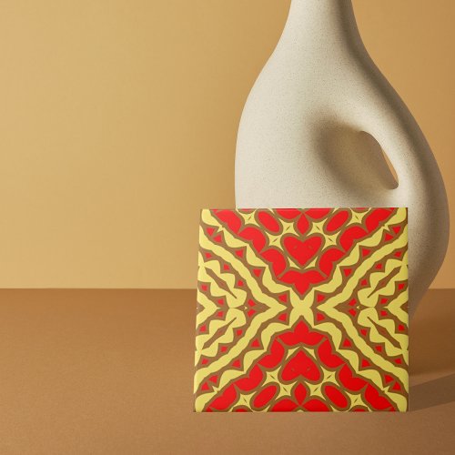 Oriental Red and Yellow Mosaic Geometric Pattern Ceramic Tile