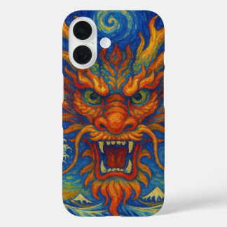 Oriental red dragon starry night Kanagawa waves iPhone 16 Case