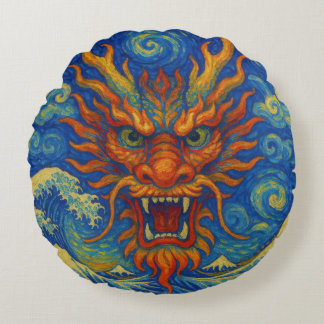 Oriental red dragon starry night Kanagawa waves Round Pillow