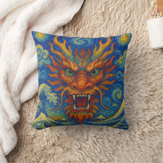 Oriental red dragon starry night Kanagawa waves Throw Pillow