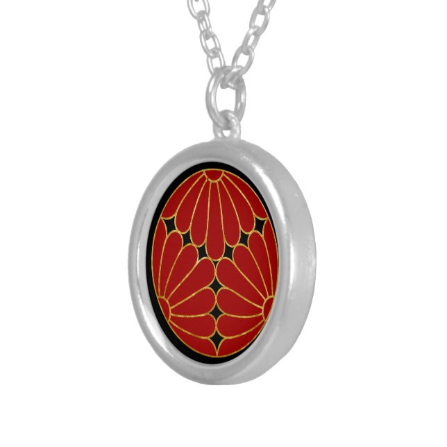 Oriental Red Faux Gold Kiku Chrysanthemum Mon Silver Plated Necklace (Front Right)
