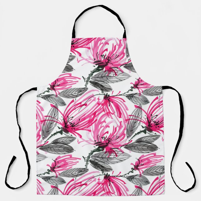Oriental Red Flower: Watercolor Pattern. Apron (Front)
