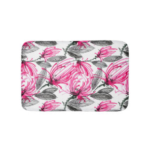 Oriental Red Flower: Watercolor Pattern. Bath Mat