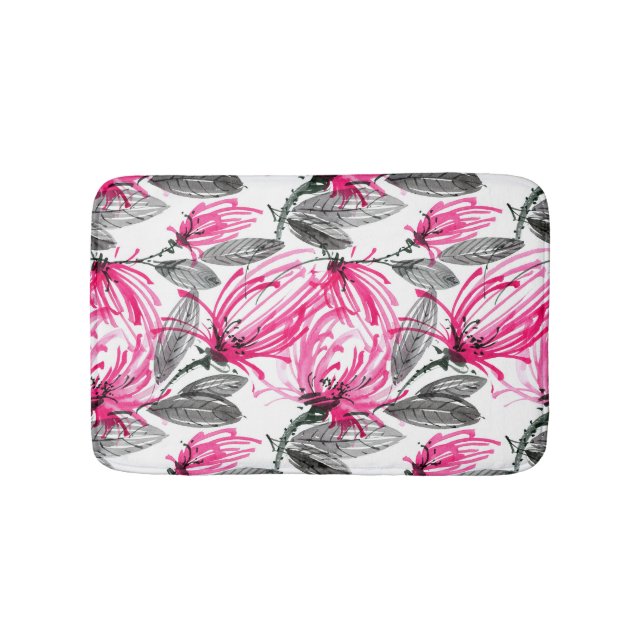 Oriental Red Flower: Watercolor Pattern. Bath Mat (Front)