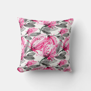 Oriental Red Flower: Watercolor Pattern. Throw Pillow