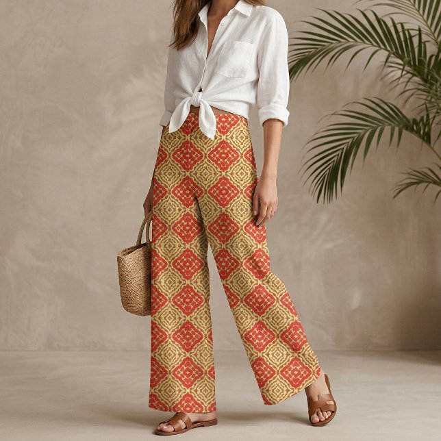 Oriental Red Gold Geometric Mosaic Tile Pattern Fabric (Creator Uploaded)