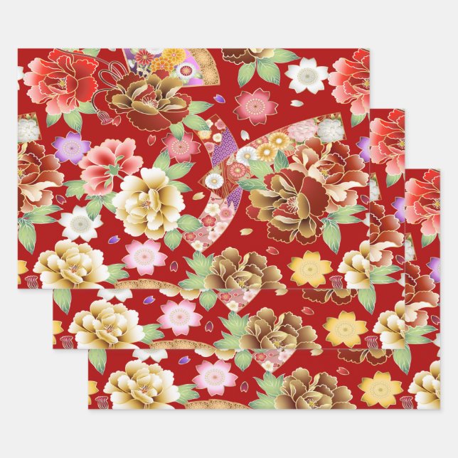Oriental Red Gold Pink Modern Floral Wrapping Paper Sheets (Set)