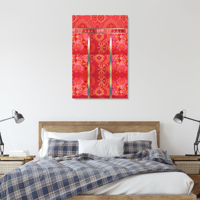 ORIENTAL Red Golden Pattern - Wrapped Canvas Print (Insitu(Bedroom))