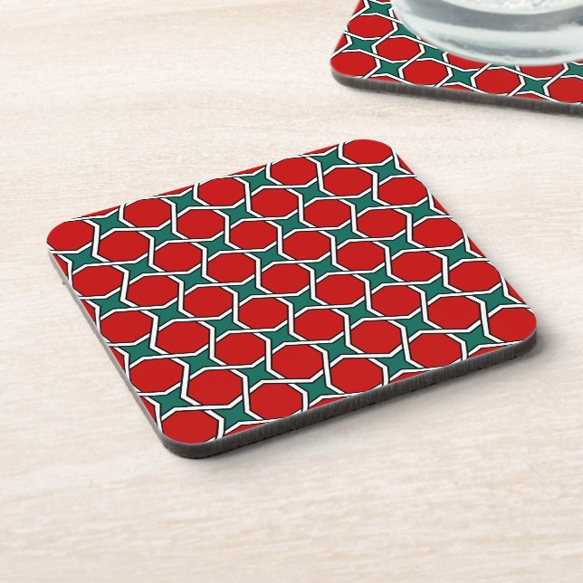 Oriental Red Green Arabic Egypt Geometric Pattern Beverage Coaster (Left Side)