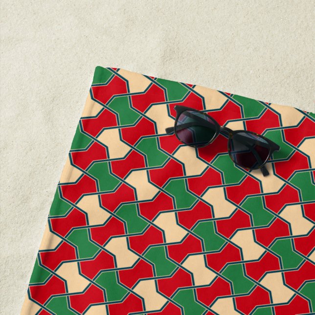 Oriental Red Green Beige Bow Tie Geometric Pattern Beach Towel (In Situ)