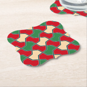 Oriental Red Green Beige Bow Tie Geometric Pattern Paper Coaster
