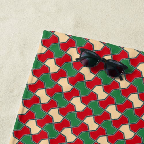 Oriental Red Green Bow Tie Geometric Pattern Beach Towel