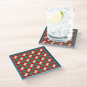 Oriental Red Green Bow Tie Geometric Pattern Glass Coaster