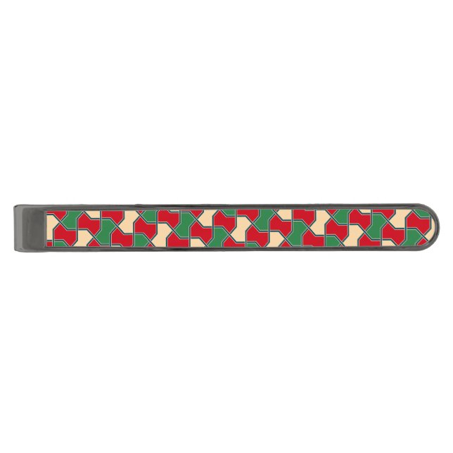 Oriental Red Green Bow Tie Geometric Pattern Gunmetal Finish Tie Bar (Front)