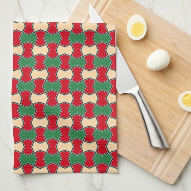 Oriental Red Green Bow Tie Geometric Pattern Kitchen Towel (Quarter Fold)