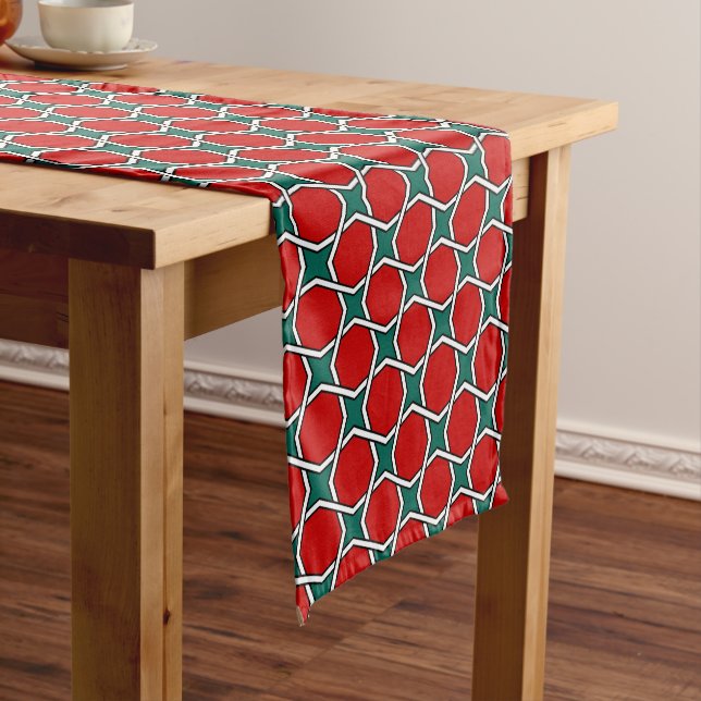 Oriental Red Green White Arabic Geometric Pattern Short Table Runner (In Situ)