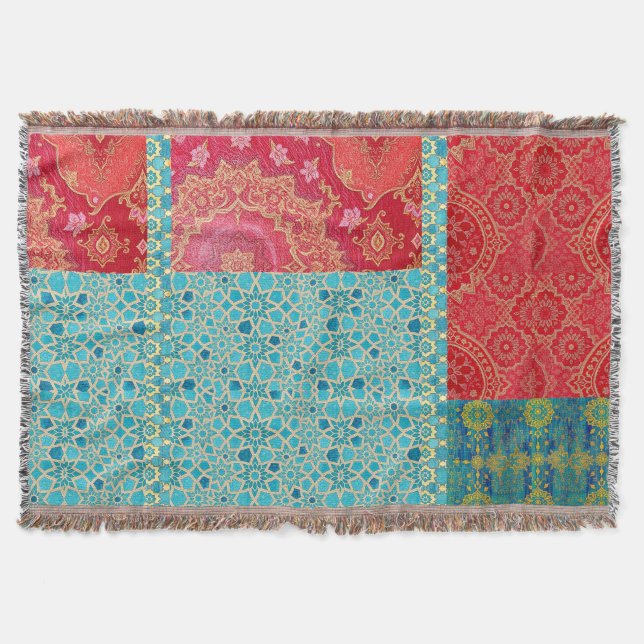 ORIENTAL Red Turquoise Pattern - Throw Blanket (Front)
