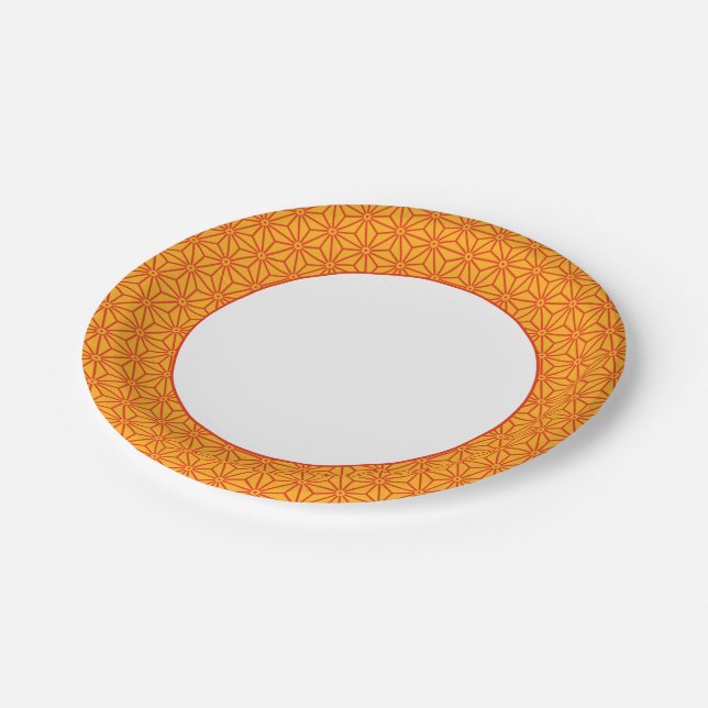 Oriental Red Yellow Asanoha Japan Pattern Paper Plates (Angled)