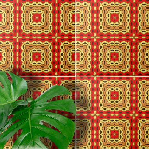 Oriental Red Yellow Brown Mosaic Geometric Pattern Ceramic Tile