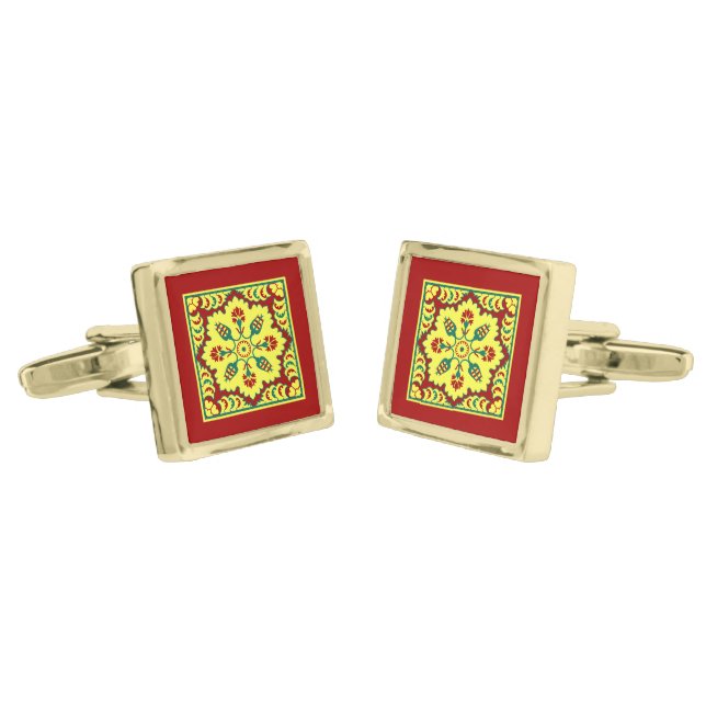 Oriental Red Yellow Green Ottoman Turkish Tulip Cufflinks (Angled)