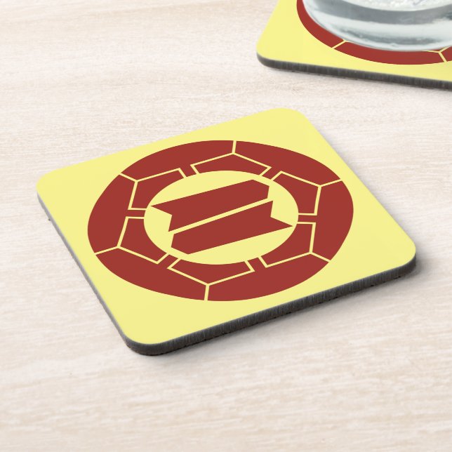 Oriental Red Yellow Japan Hattori Kamon Art Beverage Coaster (Left Side)