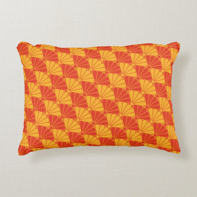 Oriental Red Yellow Kiku Chrysanthemum Mon Pattern Accent Pillow (Front)