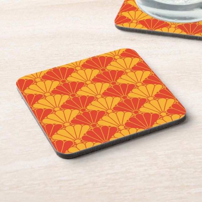 Oriental Red Yellow Kiku Chrysanthemum Mon Pattern Beverage Coaster (Left Side)
