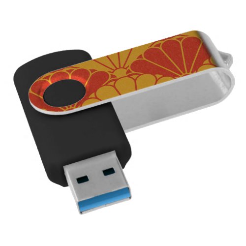 Oriental Red Yellow Kiku Chrysanthemum Mon Pattern Flash Drive