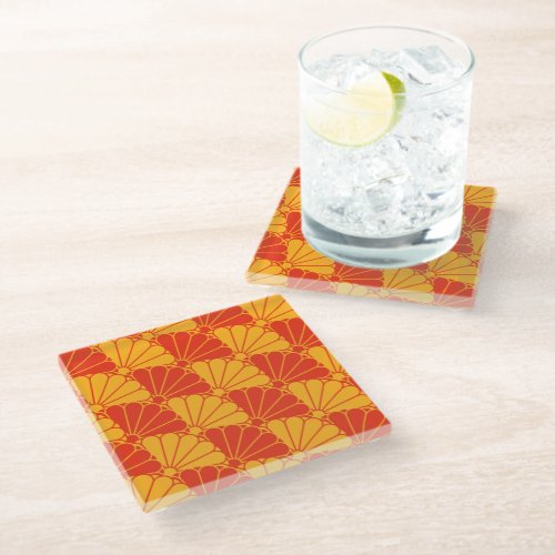 Oriental Red Yellow Kiku Chrysanthemum Mon Pattern Glass Coaster