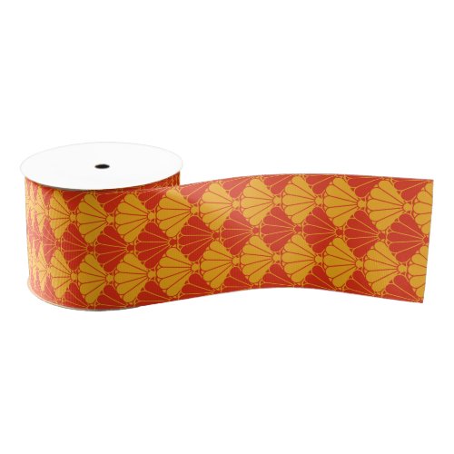 Oriental Red Yellow Kiku Chrysanthemum Mon Pattern Grosgrain Ribbon