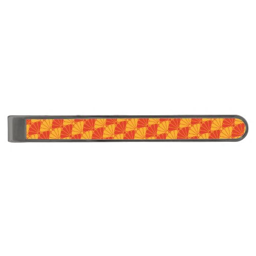 Oriental Red Yellow Kiku Chrysanthemum Mon Pattern Gunmetal Finish Tie Bar