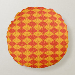 Oriental Red Yellow Kiku Chrysanthemum Mon Pattern Round Pillow