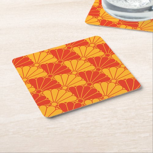 Oriental Red Yellow Kiku Chrysanthemum Mon Pattern Square Paper Coaster