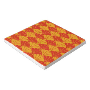 Oriental Red Yellow Kiku Chrysanthemum Mon Pattern Trivet