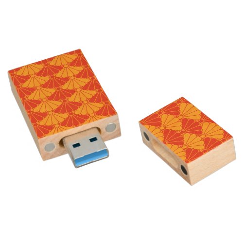 Oriental Red Yellow Kiku Chrysanthemum Mon Pattern Wood Flash Drive