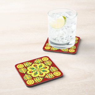 Oriental Red Yellow Ottoman Turkish Tulip Pattern Beverage Coaster