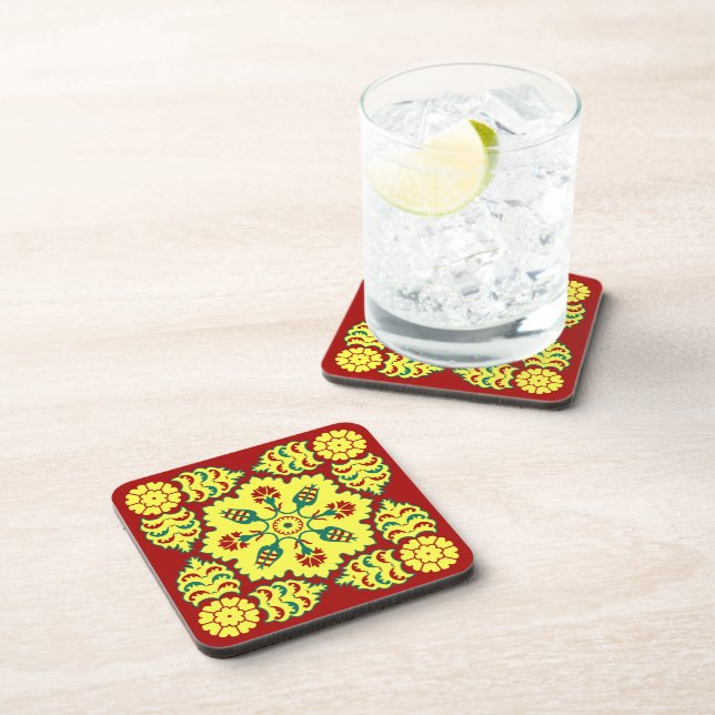 Oriental Red Yellow Ottoman Turkish Tulip Pattern Beverage Coaster (Right Side)