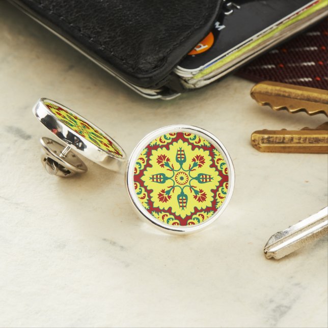 Oriental Red Yellow Ottoman Turkish Tulip Pattern Lapel Pin (In Situ)