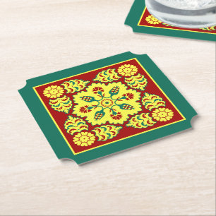 Oriental Red Yellow Ottoman Turkish Tulip Pattern Paper Coaster