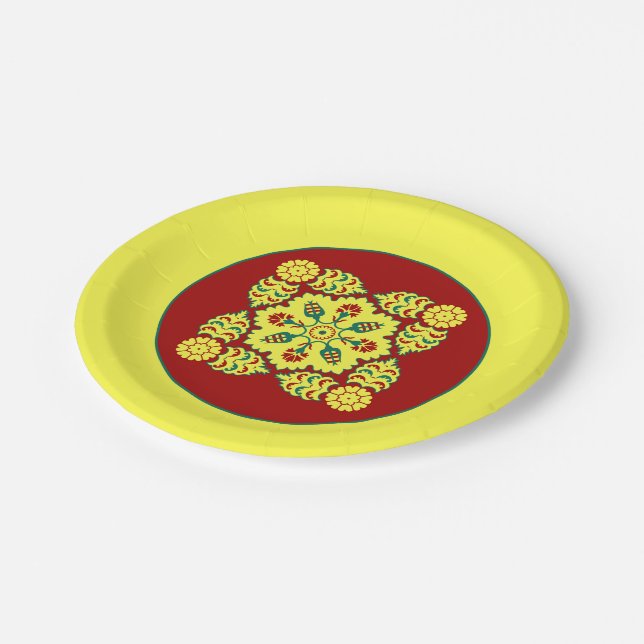 Oriental Red Yellow Ottoman Turkish Tulip Pattern Paper Plates (Angled)