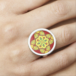 Oriental Red Yellow Ottoman Turkish Tulip Pattern Ring