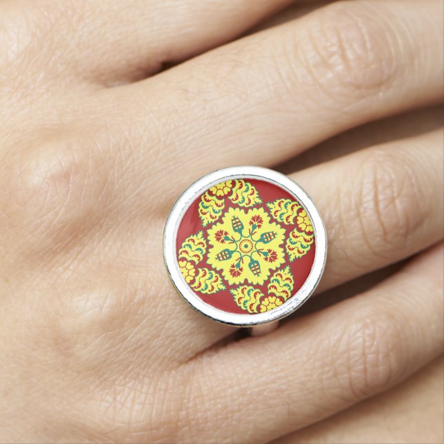 Oriental Red Yellow Ottoman Turkish Tulip Pattern Ring (In Situ)