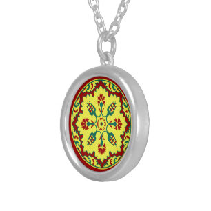 Oriental Red Yellow Ottoman Turkish Tulip Pattern Silver Plated Necklace