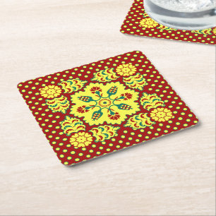 Oriental Red Yellow Ottoman Turkish Tulip Pattern Square Paper Coaster