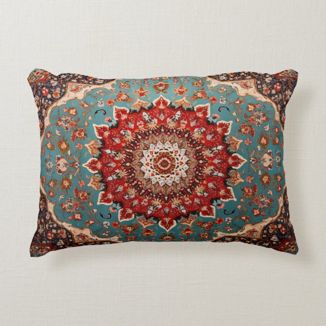 Oriental Retro Persian Pattern Red Cream Blue Accent Pillow (Front)
