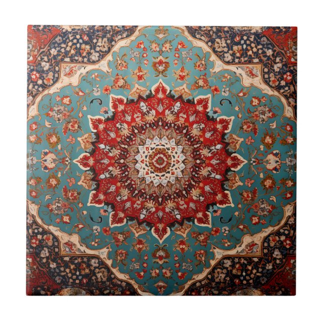 Oriental Retro Persian Pattern Red Cream Blue Ceramic Tile (Front)
