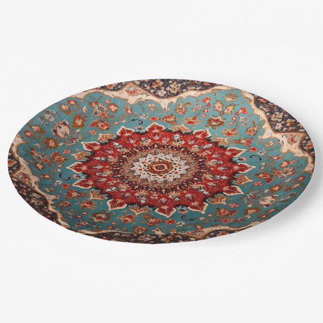 Oriental Retro Persian Pattern Red Cream Blue Paper Plates (Angled)