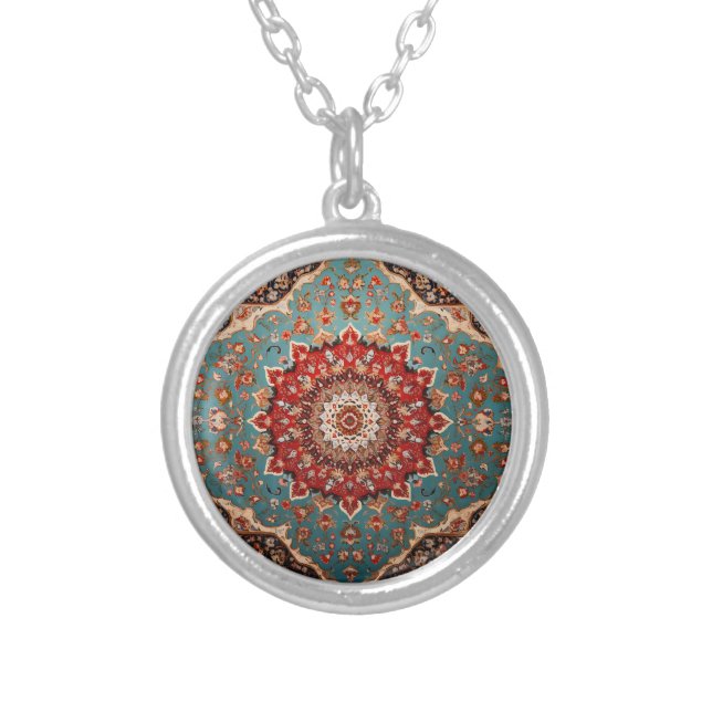 Oriental Retro Persian Pattern Red Cream Blue Silver Plated Necklace (Front)